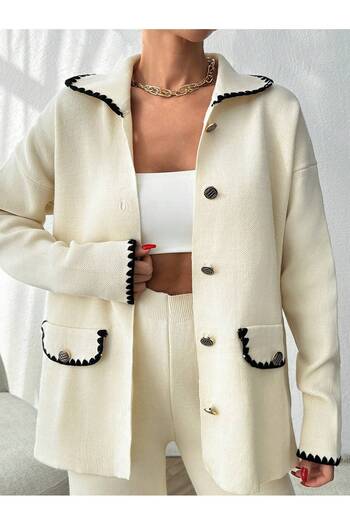 STF MODA Γυναικείο μπουφάν με κουμπιά-παντελόνι Shepherd's Stitch Πλεκτό Κοστούμι εκρού