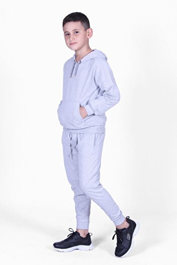 FYK KİDS Plain Kangaroo Pocket Hooded Boy's Tracksuit Set