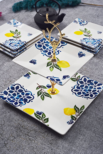 Piatti Naturali Double Layer Ceramic Lemon Pattern Cookie Dish Snack Two Layer Presentation Plate Serving Set Catering