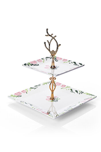 Piatti Naturali Double Layer Ceramic Spring Pattern Cookie Tray Snack Two Tier Presentation Plate Serving Set Catering