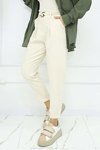 benguen Stone Color Linen Belted Trousers - 6660