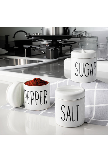 MİMOZA PARK 3-Piece Spice Rack Ceramic Set - Salt Shaker, Pepper Shaker and Sugar Bowl (White Cover)