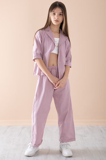Cansın Mini Dusty Rose Half Sleeve Girl's 3-Piece Cropled Suit 20326
