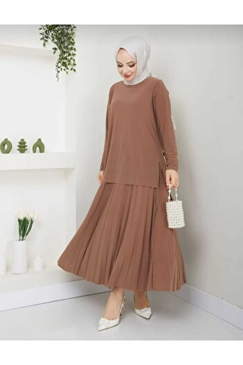ECK MODA Γυναικεία Sandy Fabric Full Lycra φούστα με πλισέ κάτω και επάνω σετ