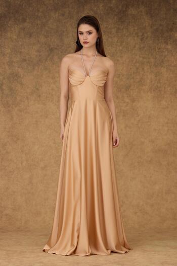 Carmen Beige Satin Strapless Long Evening Dress and Invitation Dress