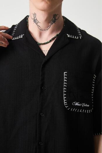 Valiberta Embroidery Detailed Muslin Fabric Men's Suit Shorts - Black