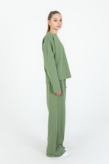 Black One Crew Neck Wide Leg Adjustable Elastic Waist Girls' Tracksuit Set