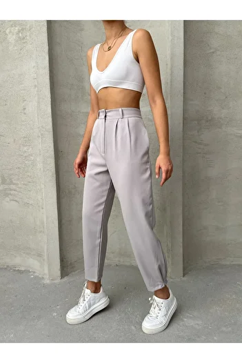 BEJNA Gray Pleated Women's Trousers - Buttoned Leg