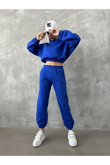 BEJNA Women's Saks Cotton Basic Tracksuit Set with Fleece Inside