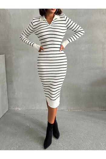 BEJNA White Striped Polo Collar Midi Knitwear Women's Dress