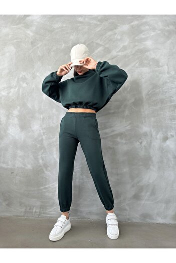 BEJNA Women's Green Cotton Basic Tracksuit Set with Fleece Inside