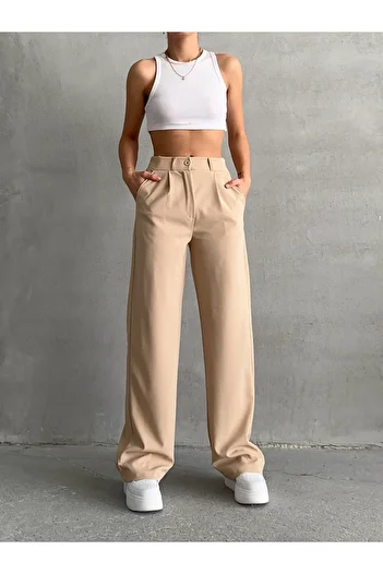 BEJNA Women's Beige Pleated Loose Palazzo Trousers