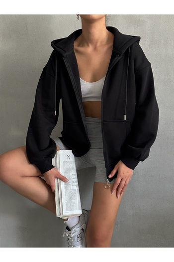 BEJNA Women's Black Zippered Oversize Sweat Cardigan