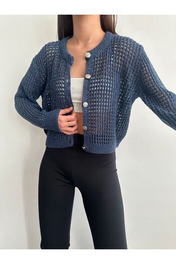 BEJNA Women's Indigo Glitter Detailed Openwork Knitwear Cardigan