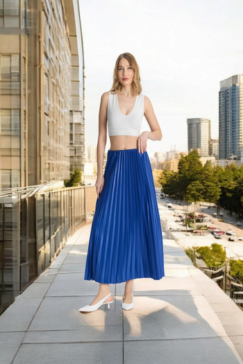 DAMGA JEANS Fusta lungă pentru femei, maxi plisată, albastră