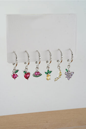 ARTEMİSİA Women's Vip Series Baguette Zircon Stone Fruit Figured 6-Piece Earring Set