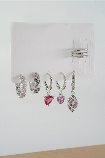 ARTEMİSİA Women's Vip Series Red Baguette Zircon Stone Ethnic Patterned Cartilage 6-Piece Earring Set