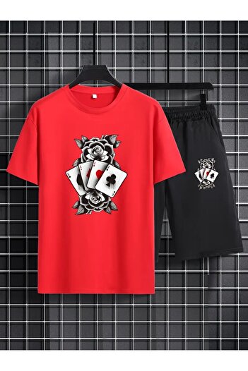 FULL TOLERANCE Yd Design Poker and Rose Flower Printed Unisex Oversize Shorts T-Shirt 2-Piece Set