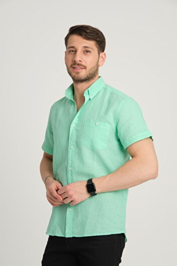 G-FOX Men's Cotton Linen Blended Regular Fit Shirt - Pocketed, Buttoned Collar, Short Sleeve 2518