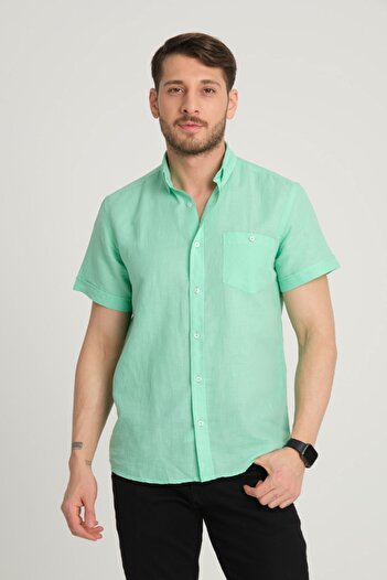 G-FOX Men's Cotton Linen Blended Regular Fit Shirt - Pocketed, Buttoned Collar, Short Sleeve 2518