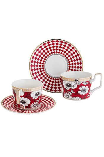 HIC Porcelain Tea Cup Set Red Color With Gold Set Of 2 Cups