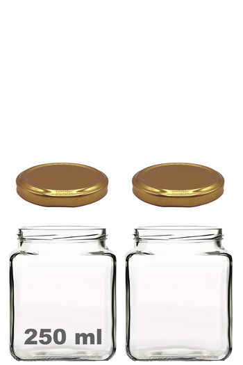 Afracam 250 ml Metal Gold Kapaklı Kare Kavanoz 250 Cc Şeffaf Köşeli Kavanoz 2 Adet