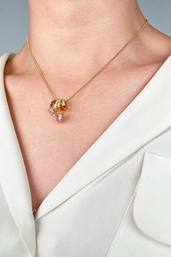 Sose Moda Pink Heart End Charm Steel Necklace - Gold