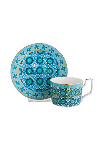 HIC Gold Plated Ceramic Tea Cup Set Blue Color 2 Piece
