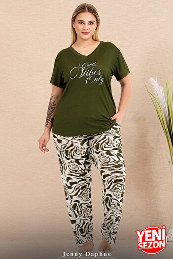Jenny Daphne Lady Plus Size Print V Neck Sleepwear Short Sleeve Pajamas Set 10999