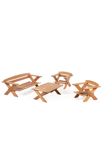Root Art Cross Iroko Ahşap Bahçe - Balkon Oturma Grubu | 3.1.1 + Sehpa ( Krem Minderli )
