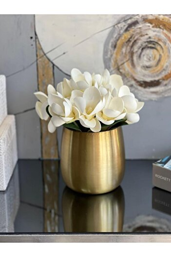 ArzzHome Yapay Manolya Çiçekli Cezve Saksı Eskitme