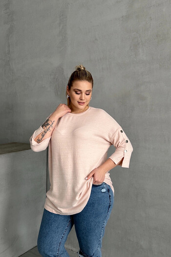 Stil Diva Plus Size Half Sleeve Crew Neck Button Detail Sweatshirt 303072