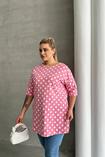 Stil Diva Plus Size Short Sleeve Crew Neck Side Slit Polka Dot Blouse 98-55