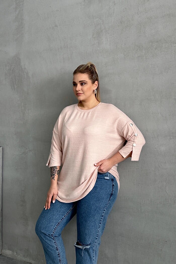 Stil Diva Plus Size Half Sleeve Crew Neck Button Detail Sweatshirt 303072