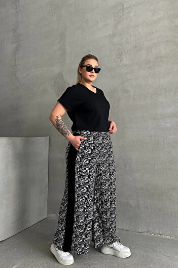 Stil Diva Plus Size Wide Leg Elastic Waist Pocket Patterned Trousers 303772