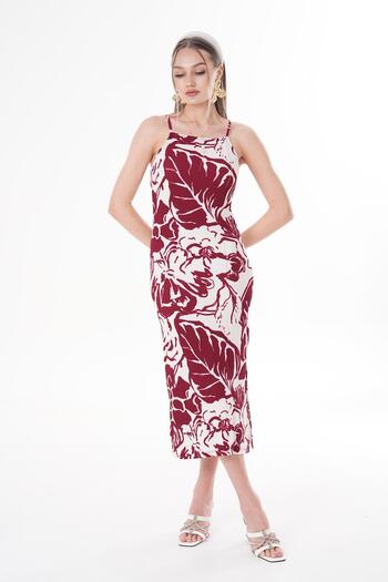 ŞİMAL Women's Rose Print Rope Strap Long Dress 250067   -