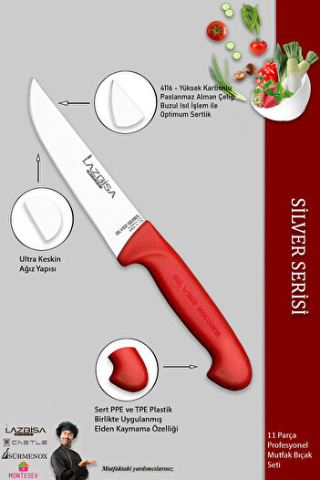 LAZBİSA Silver Pro Serisi Mutfak Bıçak Seti 9 Parça Et Ekmek Sebze Salata Börek Bıçağı Masatı (MFP-408)