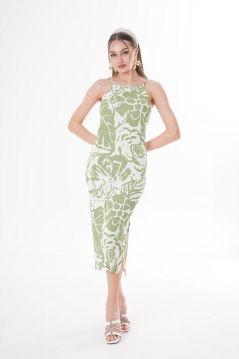 ŞİMAL Women's Rose Print Rope Strap Long Dress 250067   -