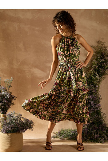 Kassually By Styli Tropical Print Ruffled Hem Midi Dress