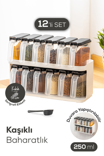 Vienev Set of 12 Self-Adhesive Spice Jars with Stand and Spoon and White Label