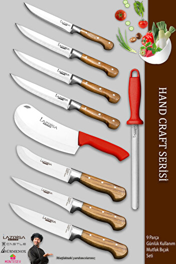 LAZBİSA Hand Craft Pro Serisi Mutfak Bıçak Seti 9 Parça Et Ekmek Sebze Salata Börek Pide Bıçağı (MFP-749)