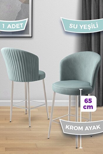 Canisa Alte Serisi 1 Adet Babyface Kumaş 65 cm Krom Kaplama Ayaklı Su Yeşili Bar Sandalyesi
