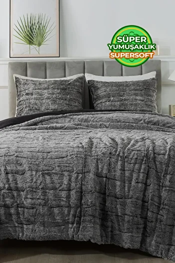 Evlen Home Collection Double Plush Soft Filled Bedspread - Talya Fur Comforter 3 Piece Set Anthracite