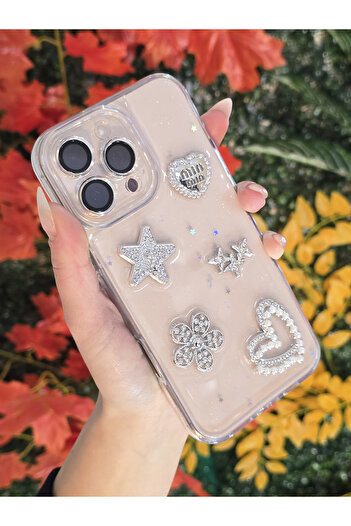 OSG iPhone 16 Pro Max Compatible 3D Character Stone and Glitter Embroidered Double Layer Protective Phone Case