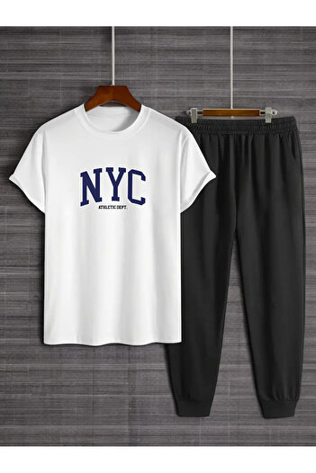 uyguntarz Unisex-T-Shirt-Trainingsanzug-Set mit Nyc-bedrucktem Design