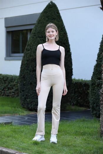missmaral Women's Ecru Wide Leg Leggings High Waist Recovery Wide Elastic Non-Slip Belt Detailed105101