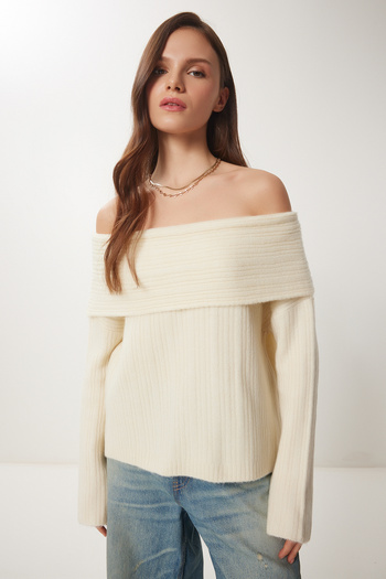 Lovelyİstanbul Cream Colored Open Shoulder Knitwear Sweater - Lpf0005