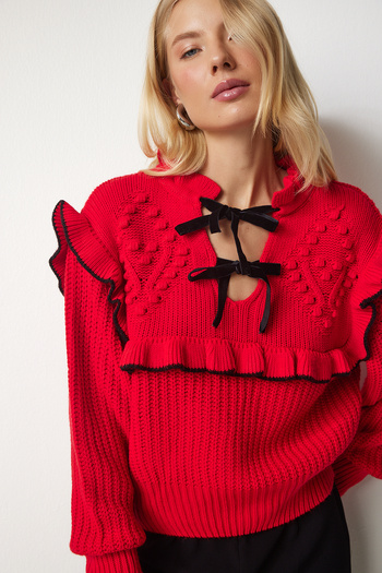 Lovelyİstanbul Red Knitwear Sweater - Ruffle and Bow Collar, Lmt0006