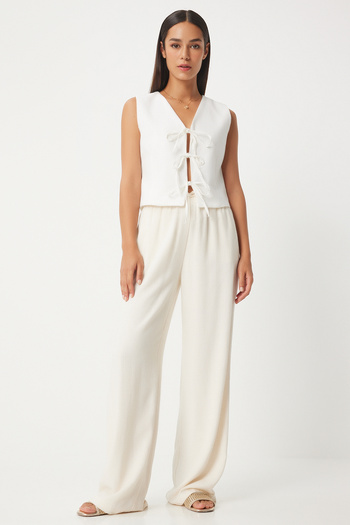 Lovelyİstanbul White Linen Vest - Bow Detail, Lgp0005