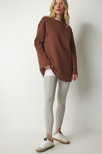 Lovelyİstanbul Oversize Καφέ Πλεκτό Φούτερ - Raster LNJ0017